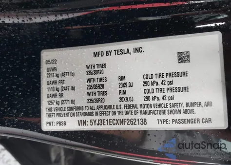 2022 Tesla Model 3 Performance Dual Motor All-Wheel Drive из США, поврежденный, VIN 5YJ3E1ECXNF262138
